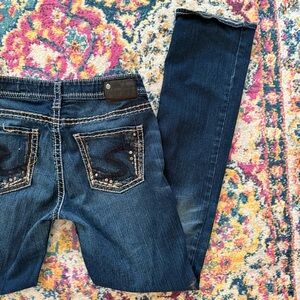 Y2K Dark Wash Low Rise Jeans Bedazzled Embroidered Pockets